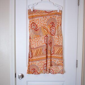 Boho Patchwork Print Midi Skirt Rust Orange Festival Tube Skirt | Soft Autumn